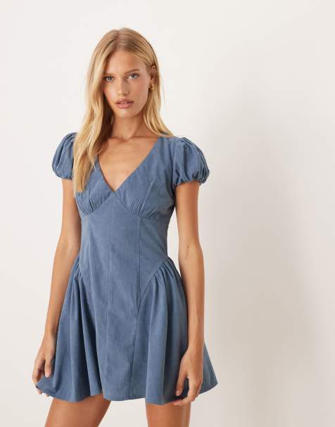 ASOS DESIGN cord corset waist mini dress with puff sleeve in slate blue - view 1