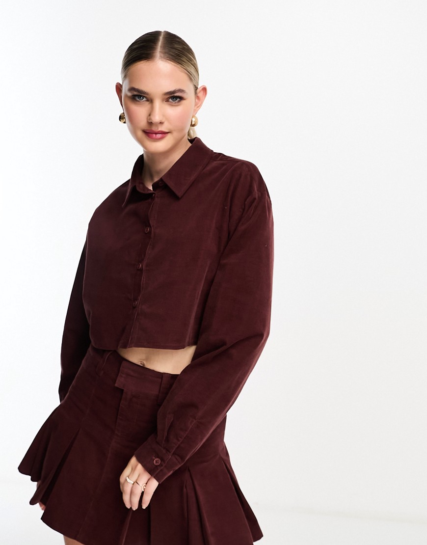 ASOS DESIGN cord cropped shirt in burgundy co-ord-Purple