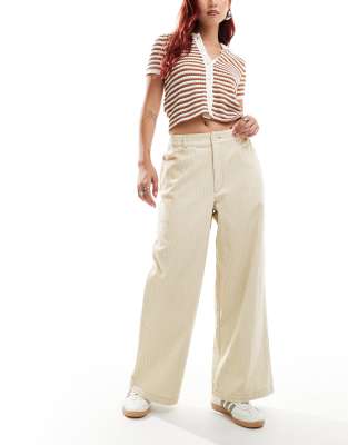 Asos Design Cord Cropped Wide Leg Pants With Contrast Stitch In Cream-white