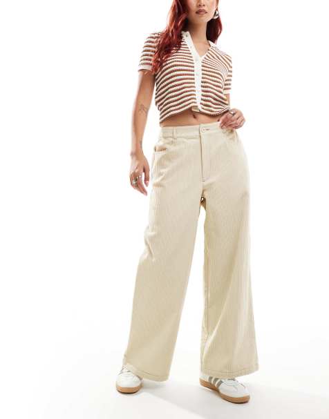 ASOS DESIGN cord cropped wide leg trousers with contrast stitch in buttermilk