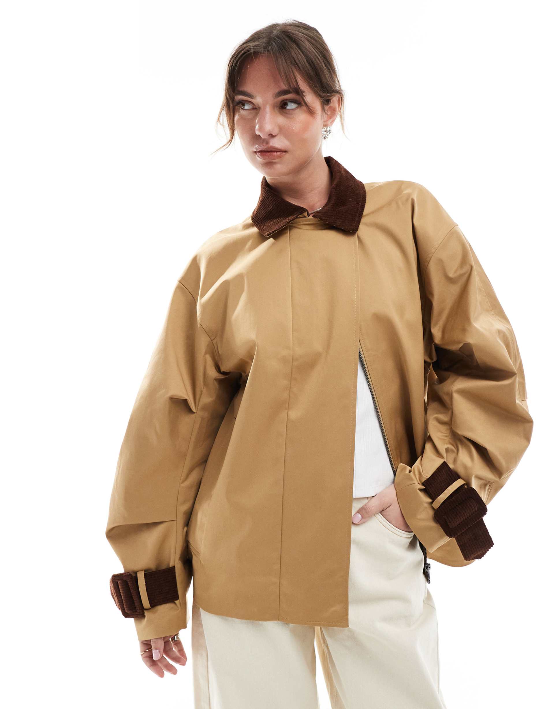 asos design cord cuff and collar short trench coat in stone