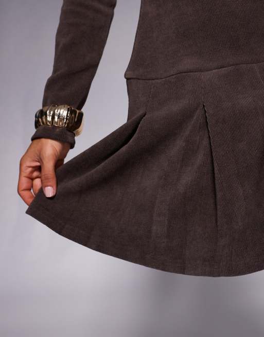 ASOS DESIGN cord drop waist mini dress with pleated skirt in chocolate, 3 of 4