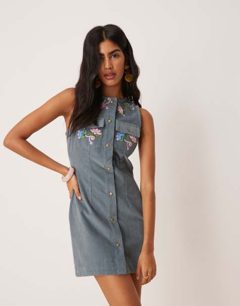 ASOS DESIGN cord embroidered mini dress in blue - view 1