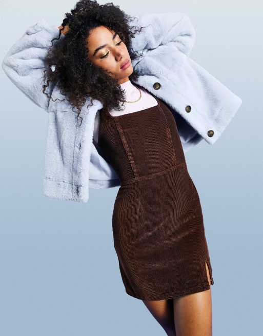 ASOS DESIGN cord fitted pinny dress in chocolate