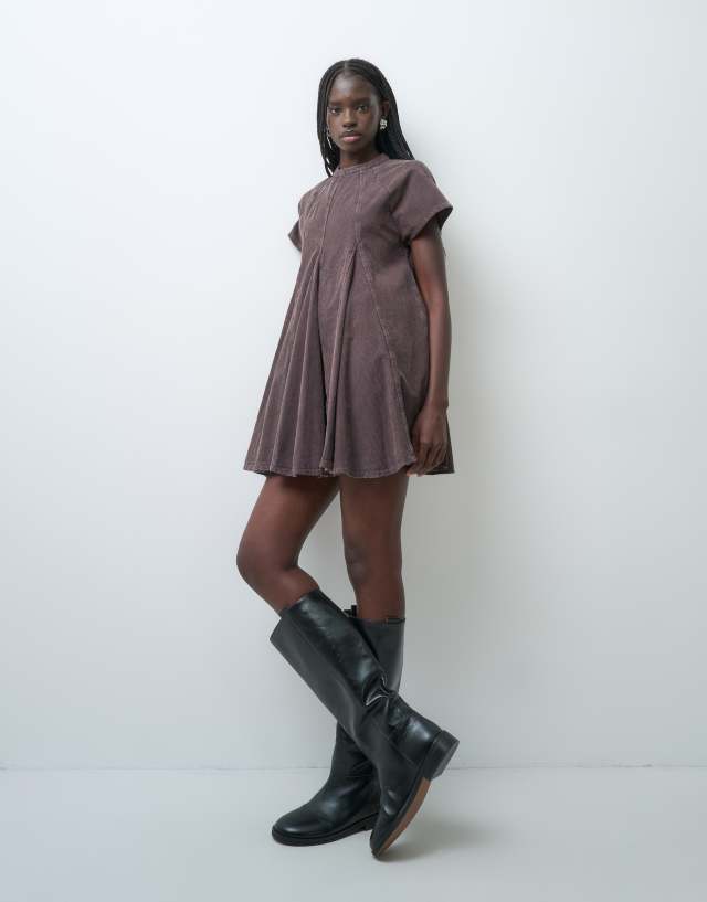 ASOS DESIGN cord godet mini t-shirt dress with high neck washed charcoal