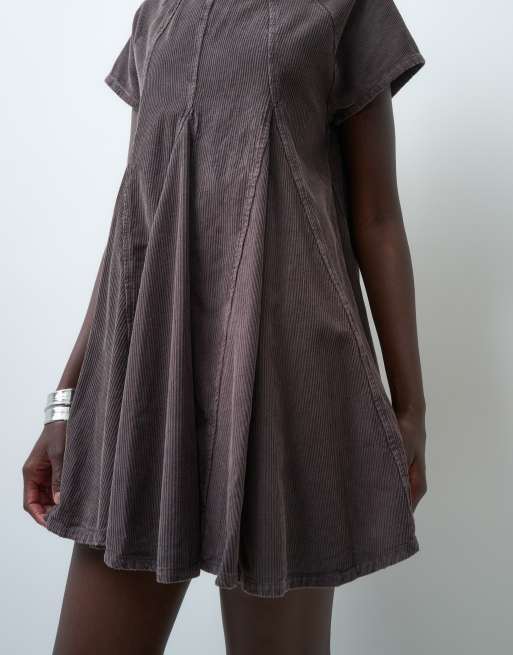 ASOS DESIGN cord godet mini t-shirt dress with high neck washed charcoal, 3 of 4