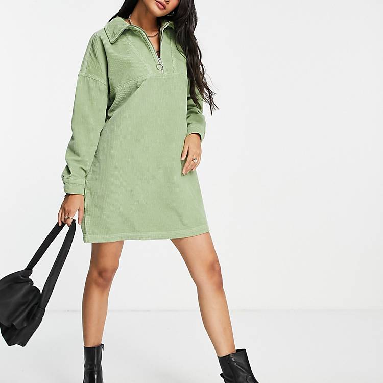 ASOS DESIGN Cord half zip sweater dress in green | ASOS