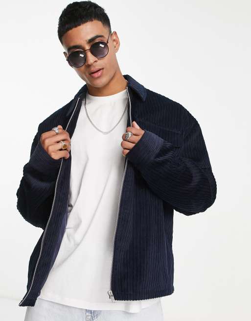 ASOS DESIGN cord harrington jacket in navy