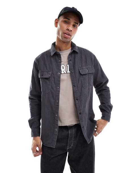ASOS DESIGN – Cord-Hemdjacke in Schiefergrau mit Druckknöpfen - view 1