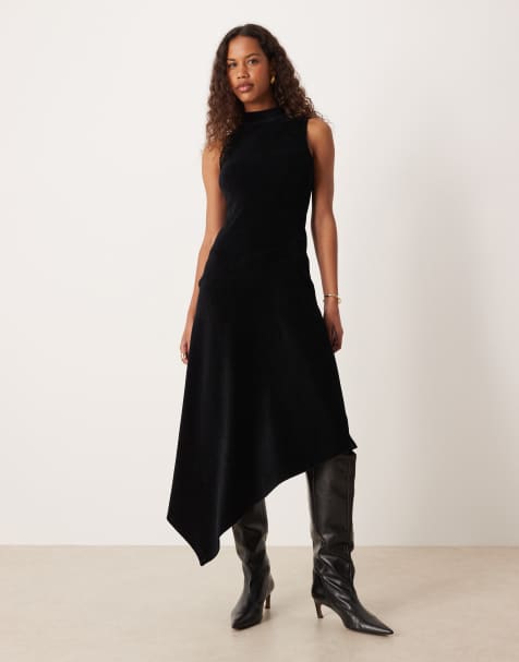 ASOS DESIGN cord high neck asym hem midi dress in black