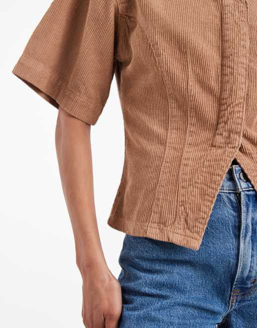 ASOS DESIGN cord high v neck top in stone, 3 of 4