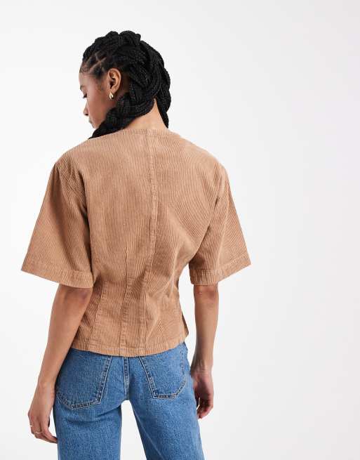ASOS DESIGN cord high v neck top in stone, 4 of 4