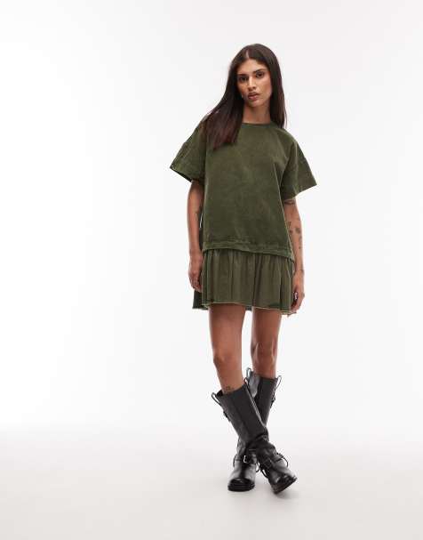 ASOS DESIGN cord hybrid t-shirt mini dress in washed olive - view 1