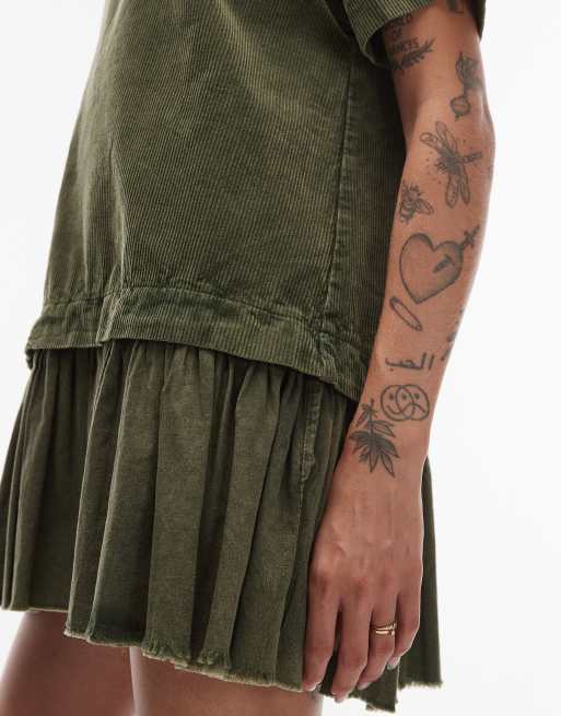 ASOS DESIGN cord hybrid T-shirt mini dress in washed olive