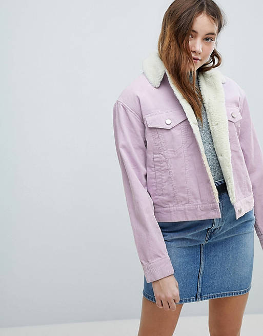 ASOS DESIGN cord jacket with borg collar in lilac
