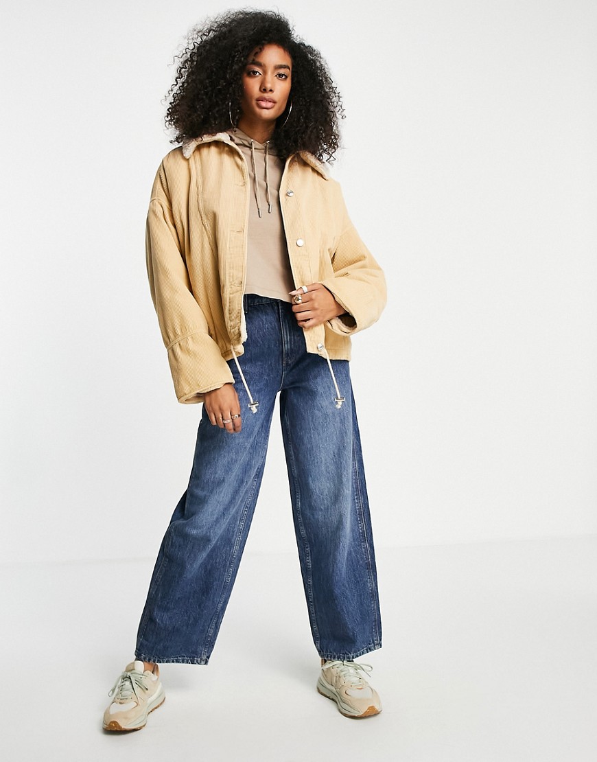 ASOS DESIGN cord jacket with borg lining in camel-Neutral