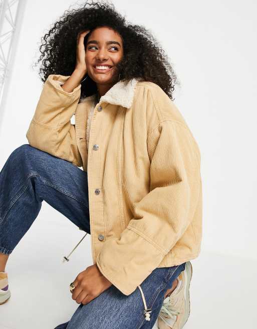 ASOS DESIGN cord jacket with borg lining in camel