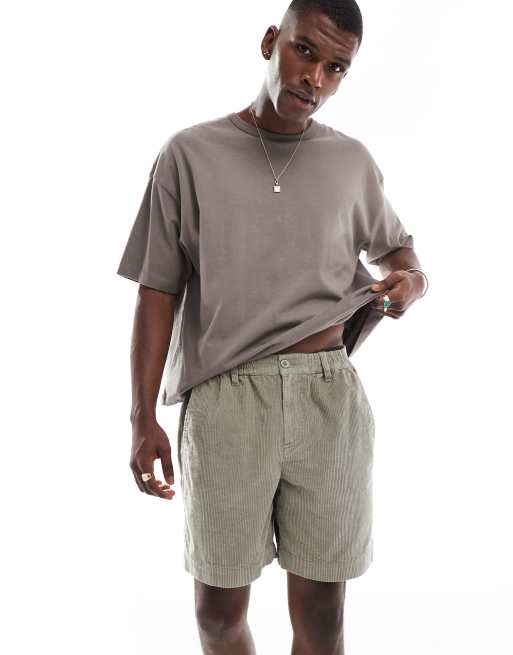 ASOS DESIGN cord jort with workwear patch in khaki 