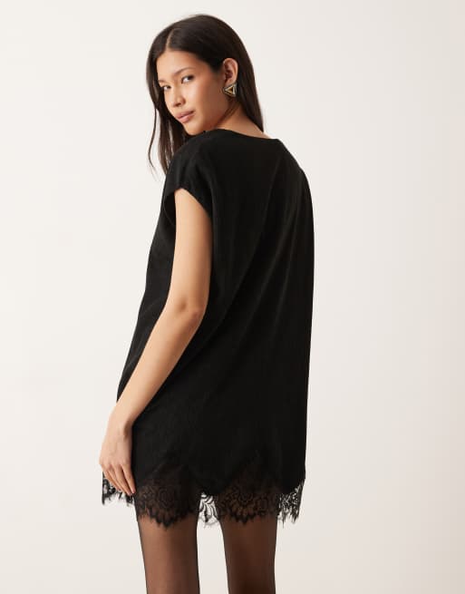 ASOS DESIGN cord jurk met V-hals, kanten rand en mini shift in zwart, 4 van 4