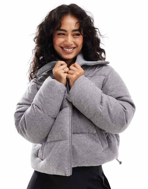 ASOS DESIGN cord knitted collar puffer jacket in grey - view 1