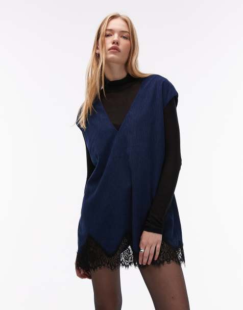 ASOS DESIGN cord lace trim mini shift dress in navy - view 1