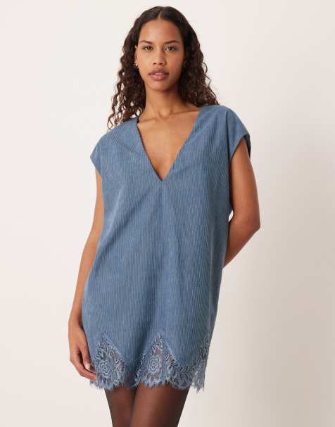 ASOS DESIGN cord lace trim shift mini dress in denim blue - view 1