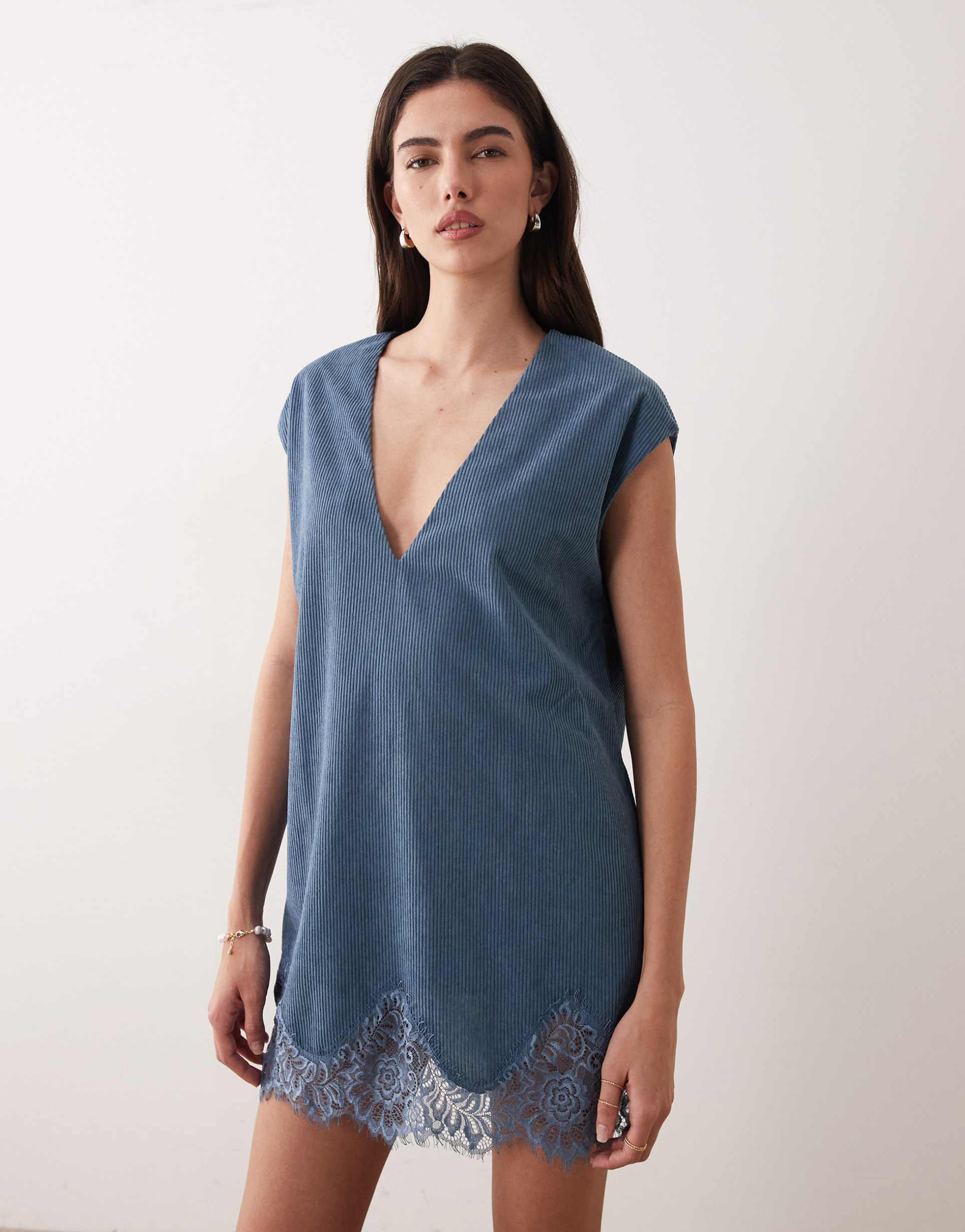 asos design cord lace trim shift mini dress in denim blue