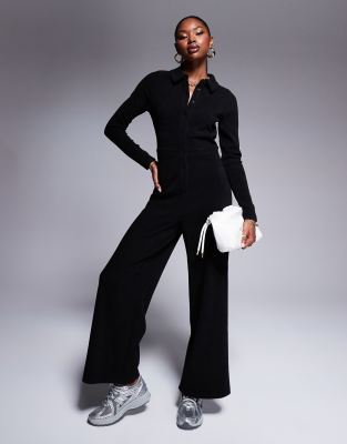 Asos Design Cord Long Sleeve Button Through Jumpsuit In Black