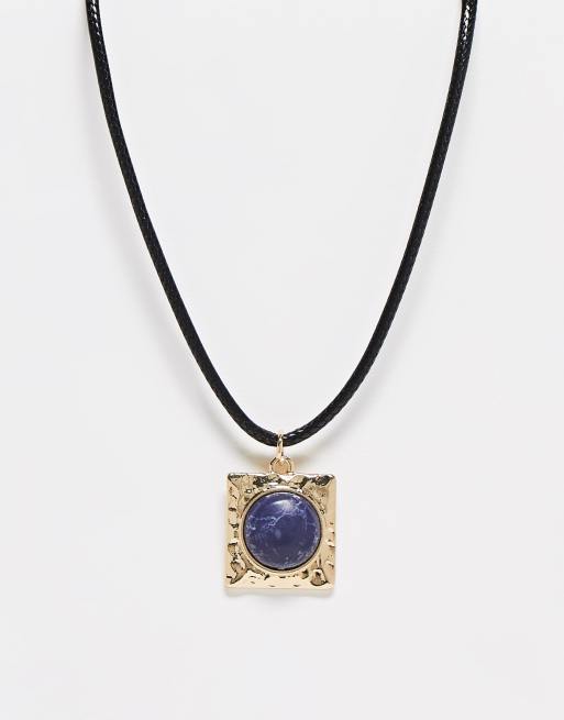 ASOS DESIGN cord mid length necklace with square semi precious look pendant in gold tone