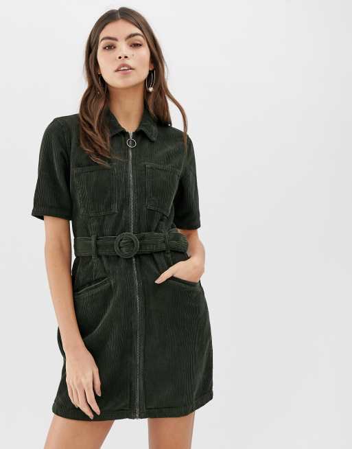 ASOS DESIGN cord mini dress with belt in khaki | ASOS