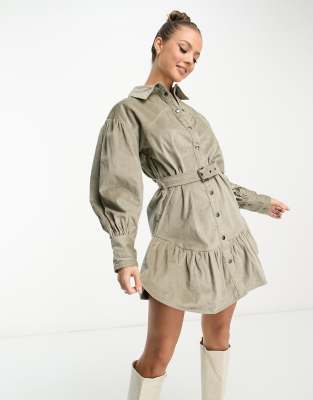 Asos Design Cord Mini Shirt Dress With Buckle In Khaki-green