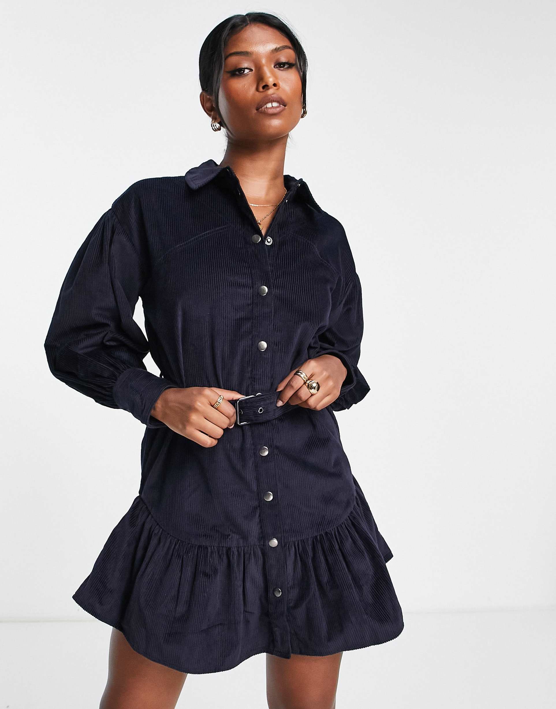 asos design cord mini shirt dress with buckle in navy