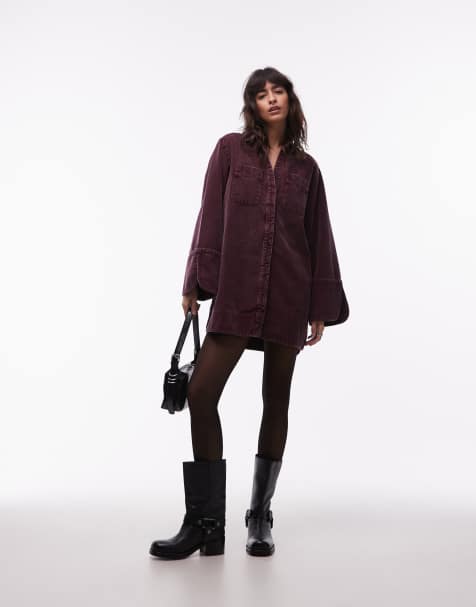 ASOS DESIGN cord mini shirt dress with wide cuffs and oversized pockets in mulberry