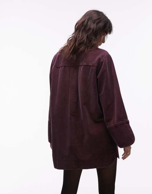 ASOS DESIGN cord mini shirt dress with wide cuffs and oversized pockets in mulberry, 3 of 4