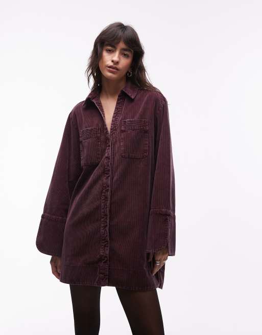 ASOS DESIGN cord mini shirt dress with wide cuffs and oversized pockets in mulberry, 4 of 4