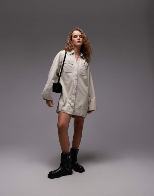 ASOS DESIGN cord mini shirt dress with wide cuffs and oversized pockets in stone, 2 of 4