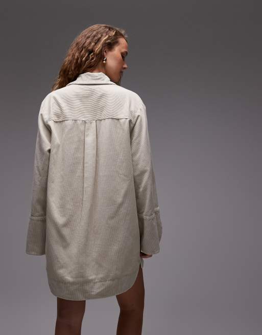 ASOS DESIGN cord mini shirt dress with wide cuffs and oversized pockets in stone, 4 of 4