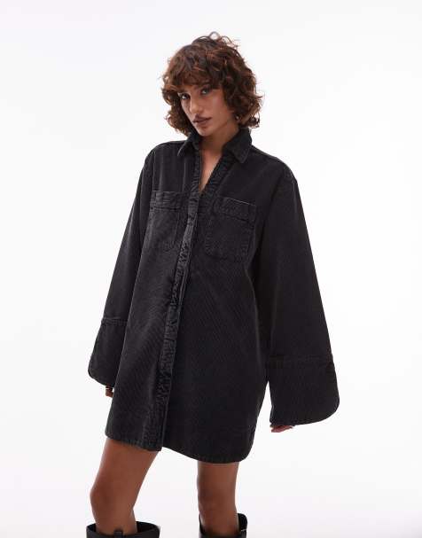 ASOS DESIGN cord mini shirt dress with wide cuffs and oversized pockets in washed black - view 1
