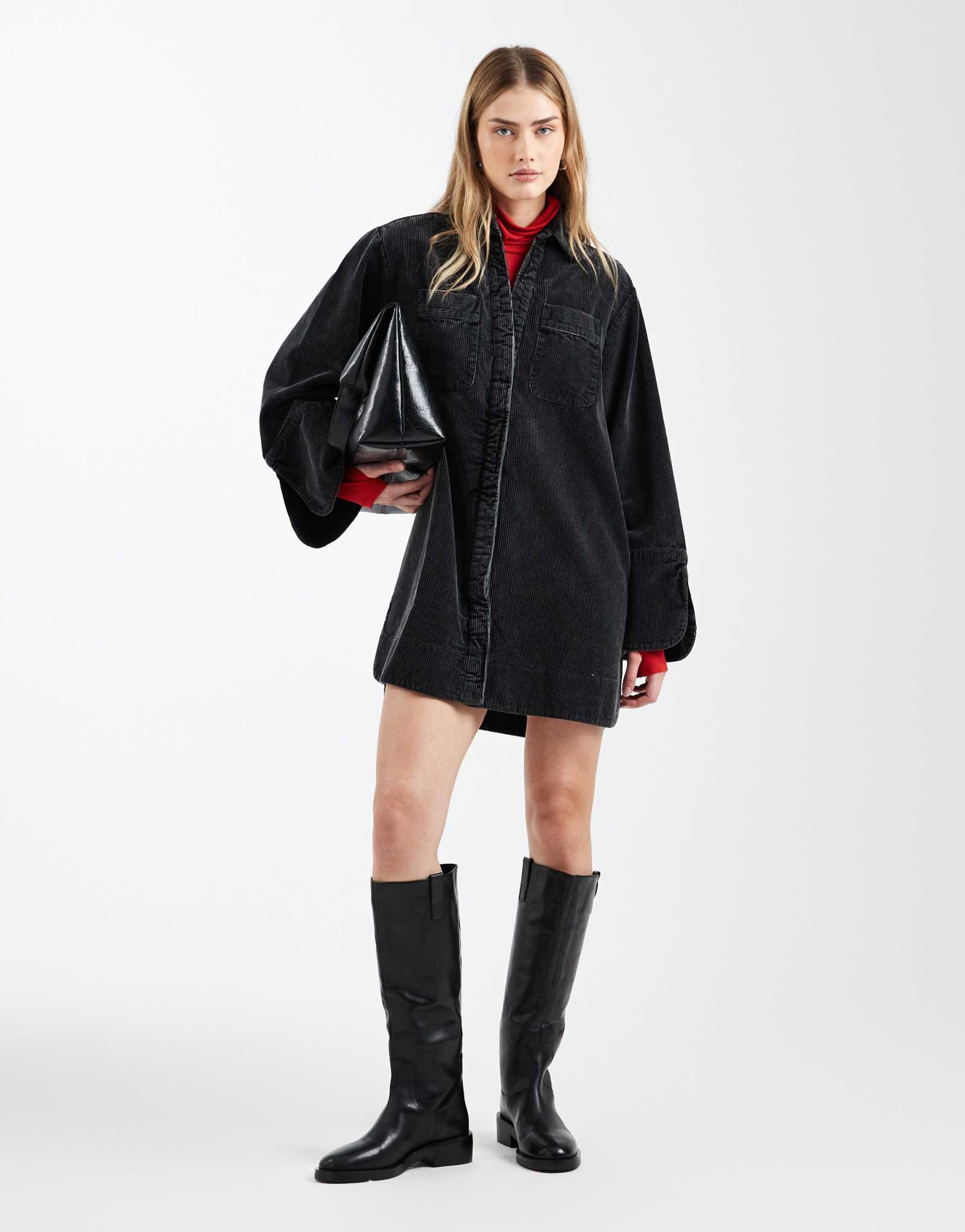 ДИЗАЙНЕРСКОЕ мини-платье-рубашка из шнура ASOS с широкими манжетами и большими карманами черного цвета