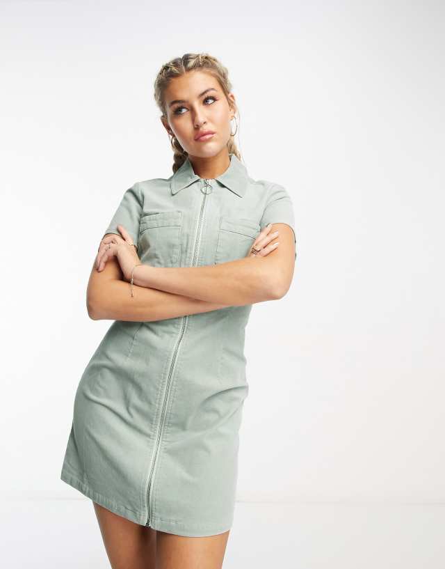 ASOS DESIGN cord mini shirt dress with zip in sage