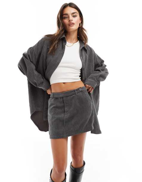 ASOS DESIGN cord mini skirt and shirt set in grey - view 1