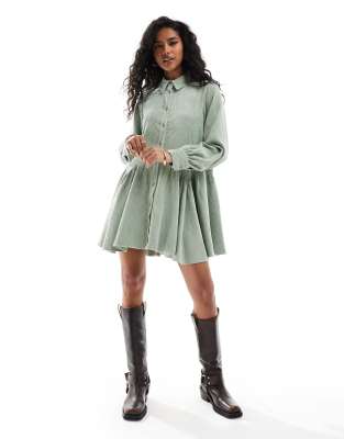 cord mini smock dress with peplum hem in sage green