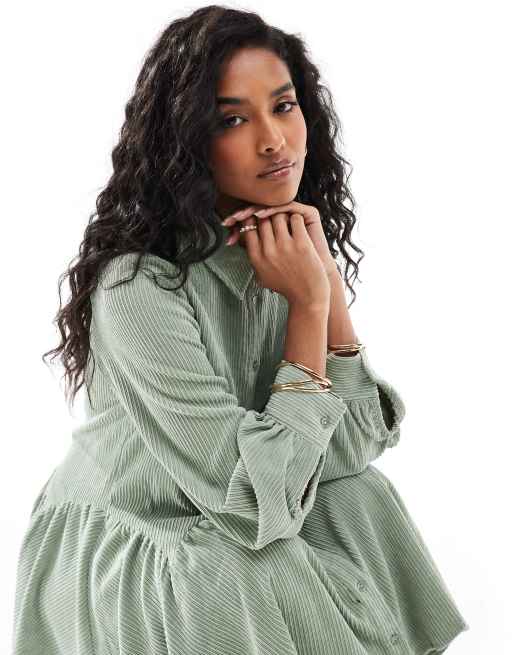 ASOS DESIGN cord mini smock dress with peplum hem in sage