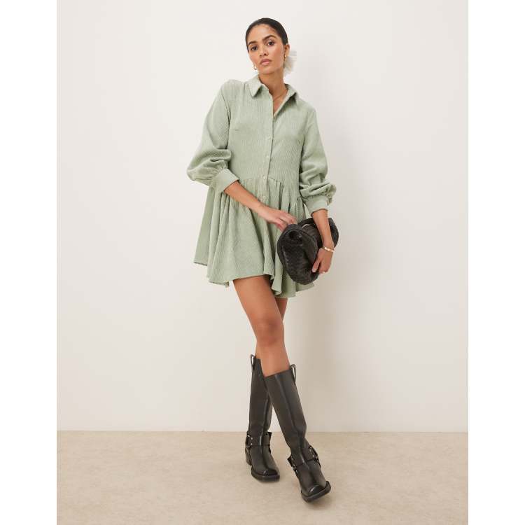 ASOS DESIGN cord mini smock dress with peplum hem in sage green | ASOS
