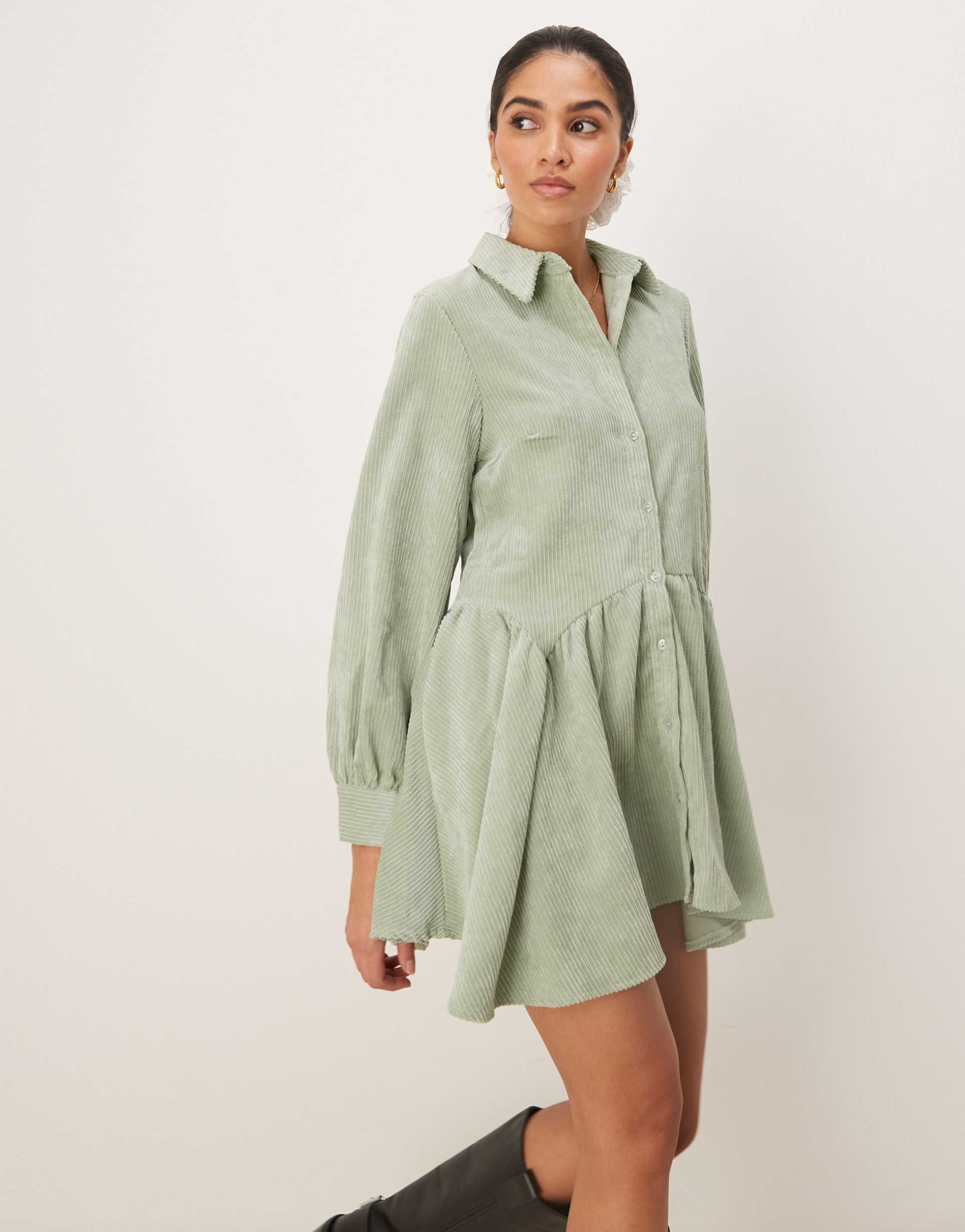 asos design cord mini smock dress with peplum hem in sage green