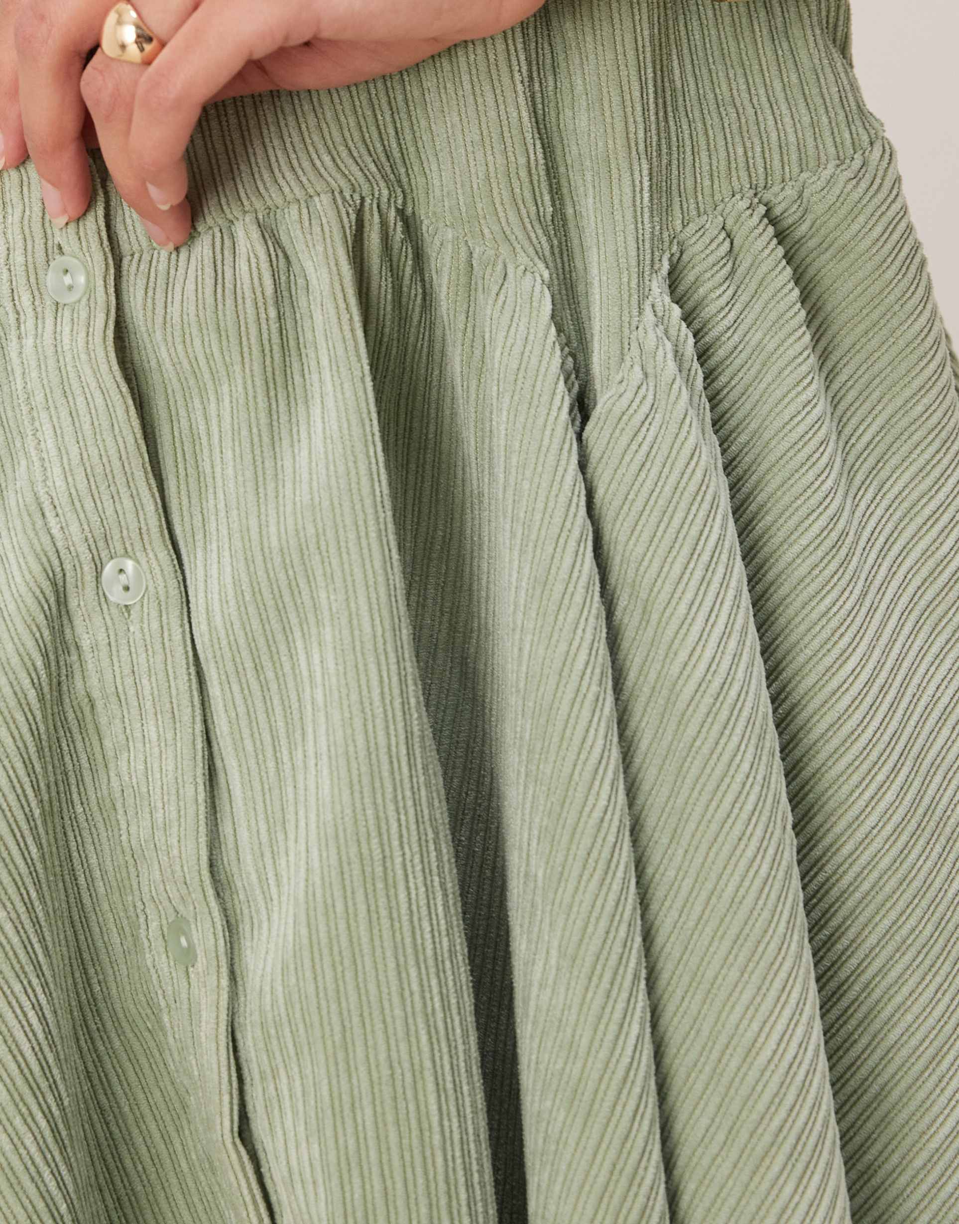 asos design cord mini smock dress with peplum hem in sage green