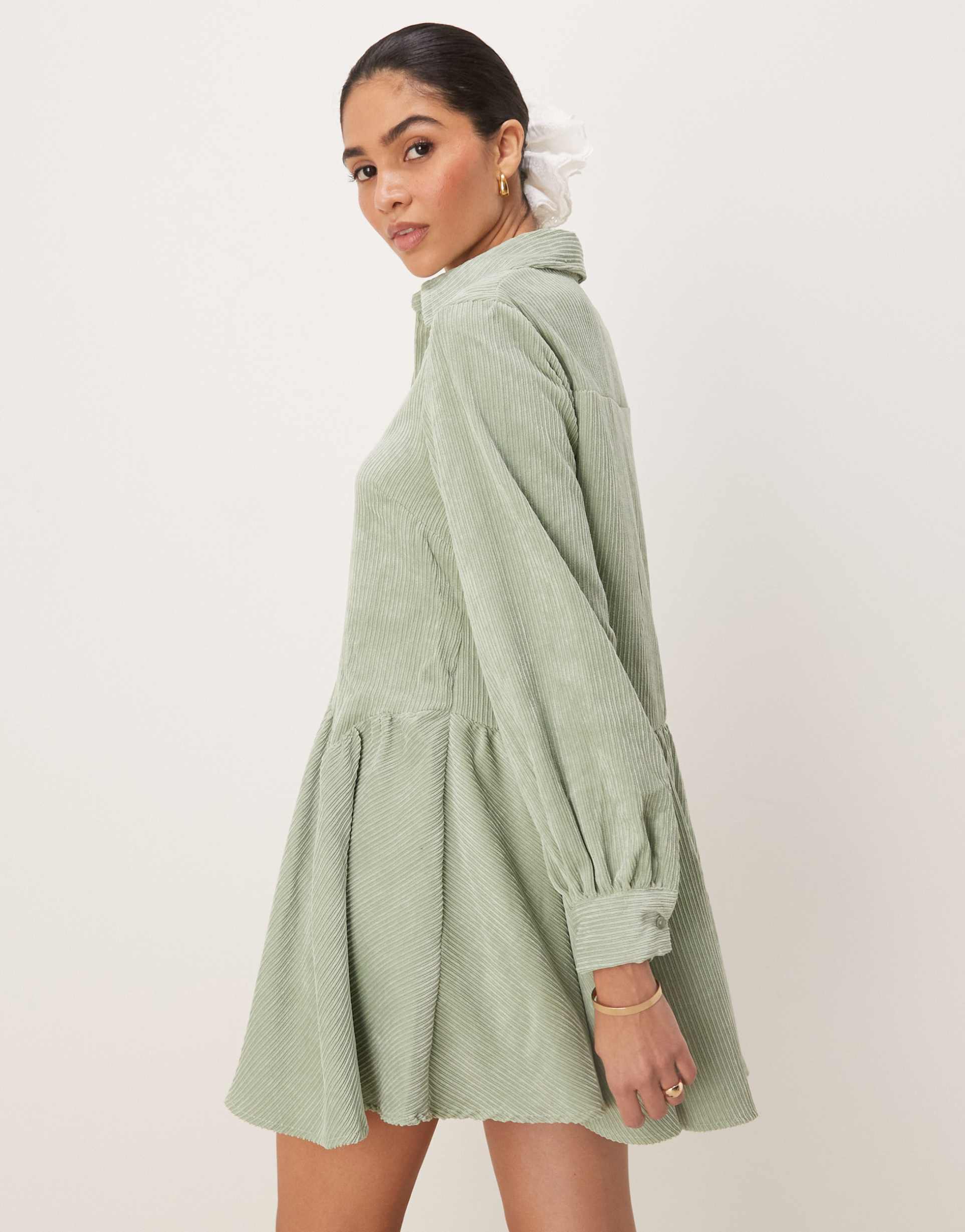 asos design cord mini smock dress with peplum hem in sage green