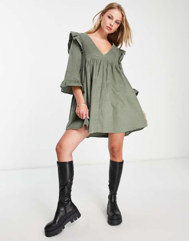 ASOS DESIGN cord mini smock dress with ruffle shoulder in khaki