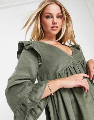 ASOS DESIGN cord mini smock dress with ruffle shoulder in khaki