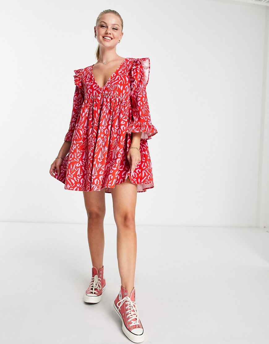 ASOS DESIGN cord mini smock dress with ruffle shoulder in red abstract print-Multi